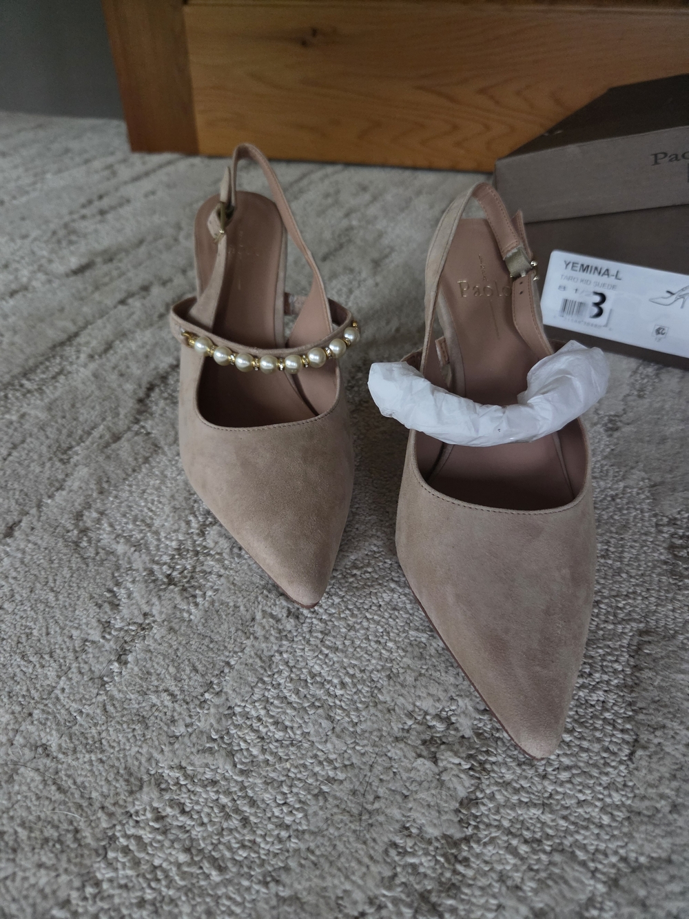 Paolo Beige Suede Pearl-Embellished Slingback Pumps